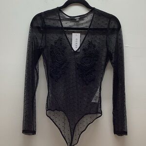 GUESS Size Small Black Floral Lace Thong Bodysuit. New With Tags